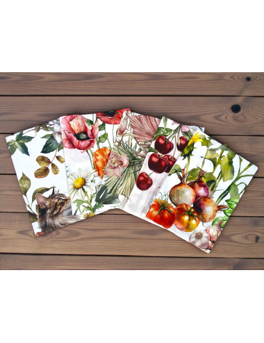 Cotton Kitchen Towels Set 5 Pieces 50x70 cm – Floral and Cat Patterns – Made in Italy with Buttonhole