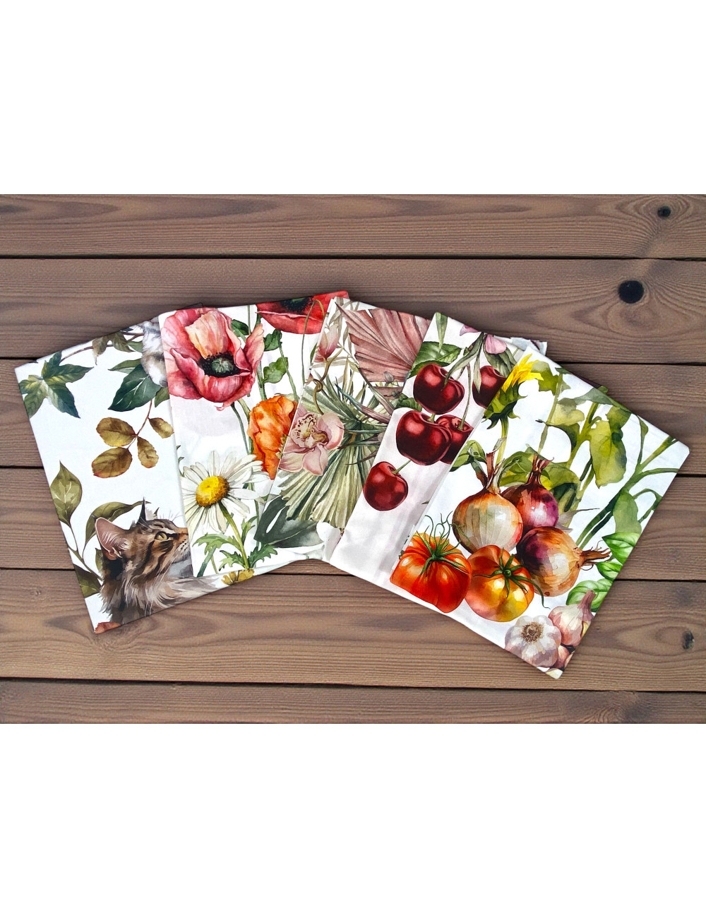 Cotton Kitchen Towels Set 5 Pieces 50x70 cm – Floral and Cat Patterns – Made in Italy with Buttonhole