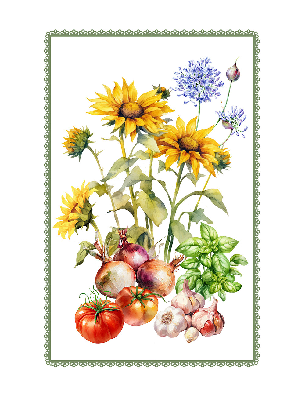 Cotton Kitchen Towels Set 5 Pieces 50x70 cm – Floral and Cat Patterns – Made in Italy with Buttonhole