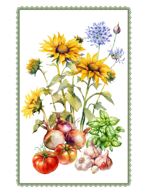 Baumwoll-Küchentücher Set 5-teilig 50x70 cm – Blumen- und Katzenmuster – Made in Italy mit Knopfloch