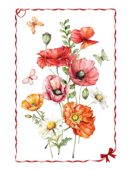 Baumwoll-Küchentücher Set 5-teilig 50x70 cm – Blumen- und Katzenmuster – Made in Italy mit Knopfloch