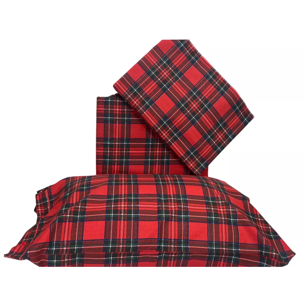 Juego de sábanas de franela de tartán rojo - 100% algodón de vellón - Calor de invierno Hecho en Italia