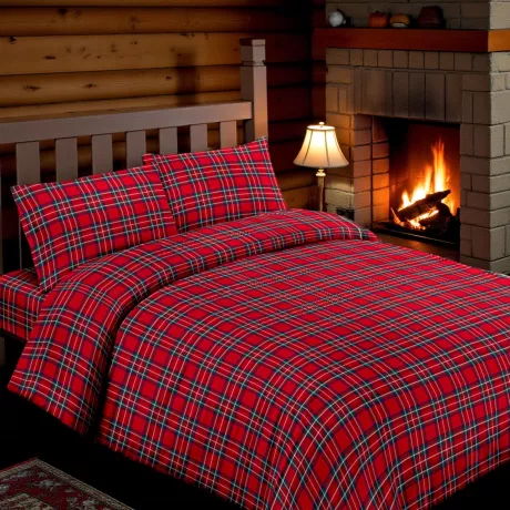 Doppelter Bettbezug 250x200 roter Tartan mit 2 Kissenbezügen – 100% Baumwollflanell mit zusätzlicher Klappe 40 cm – Hergestellt 