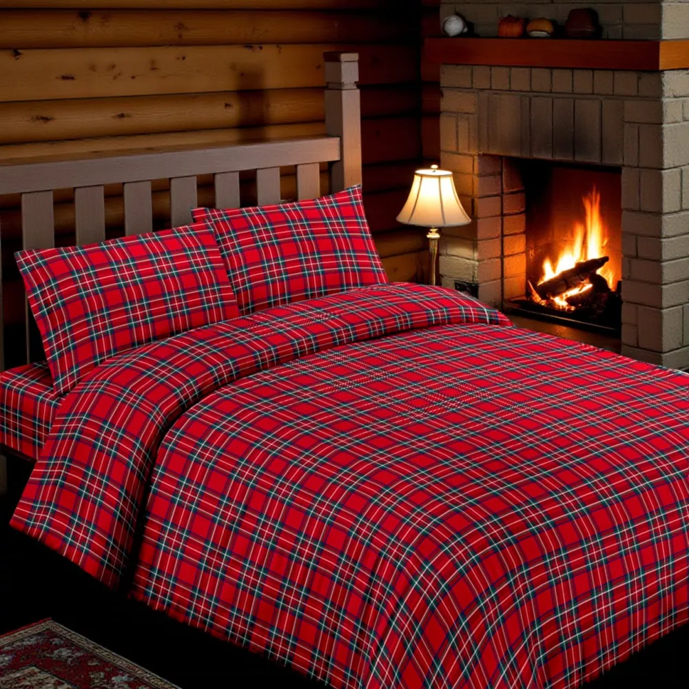 Housse de couette double en tartan rouge - 100 % flanelle de coton avec rabat supplémentaire 40 cm - Fabriqué en Italie