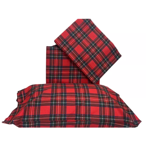 Red Tartan Double Duvet Cover - 100% Cotton Flannel with Extra Flap 40 cm - Made in Italy