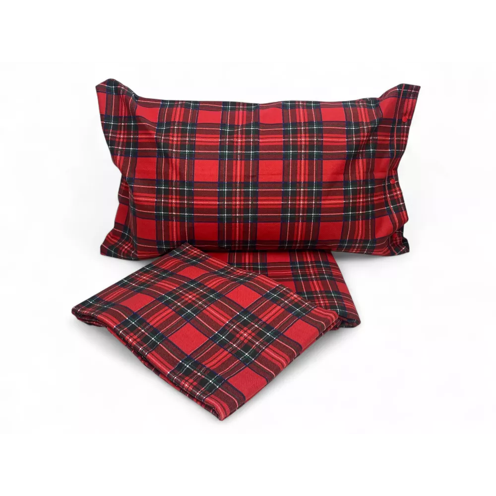 Red Tartan Double Duvet Cover - 100% Cotton Flannel with Extra Flap 40 cm - Made in Italy