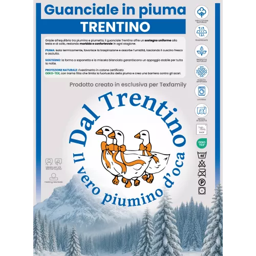 Cuscino in Piuma d'Oca 50x80 Trentino - Guanciale Letto Morbido Cotone Twill Anallergico