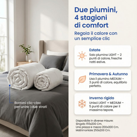 Duvet d’oie du Trentin 4 saisons, 2 couettes séparables, doux, polyvalent, 50% duvet et 50% duvet d’oie, certifié OEKO-TEX