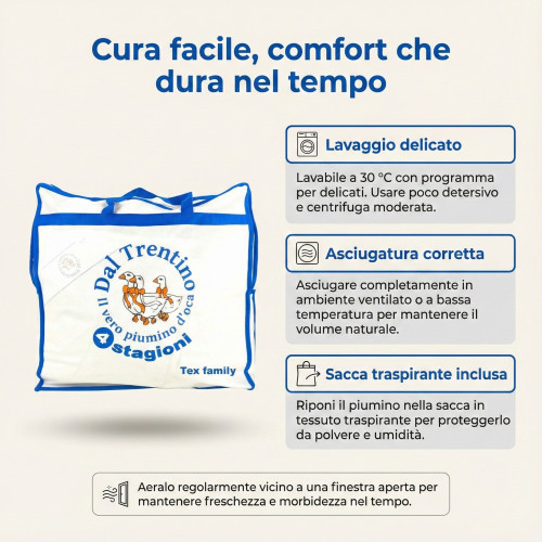 Piumino d’Oca Trentino 4 Stagioni, 2 Piumini Separabili, Soffice, Versatile, 50% Piumino e 50% Piuma d’Oca, Certificato OEKO-TEX
