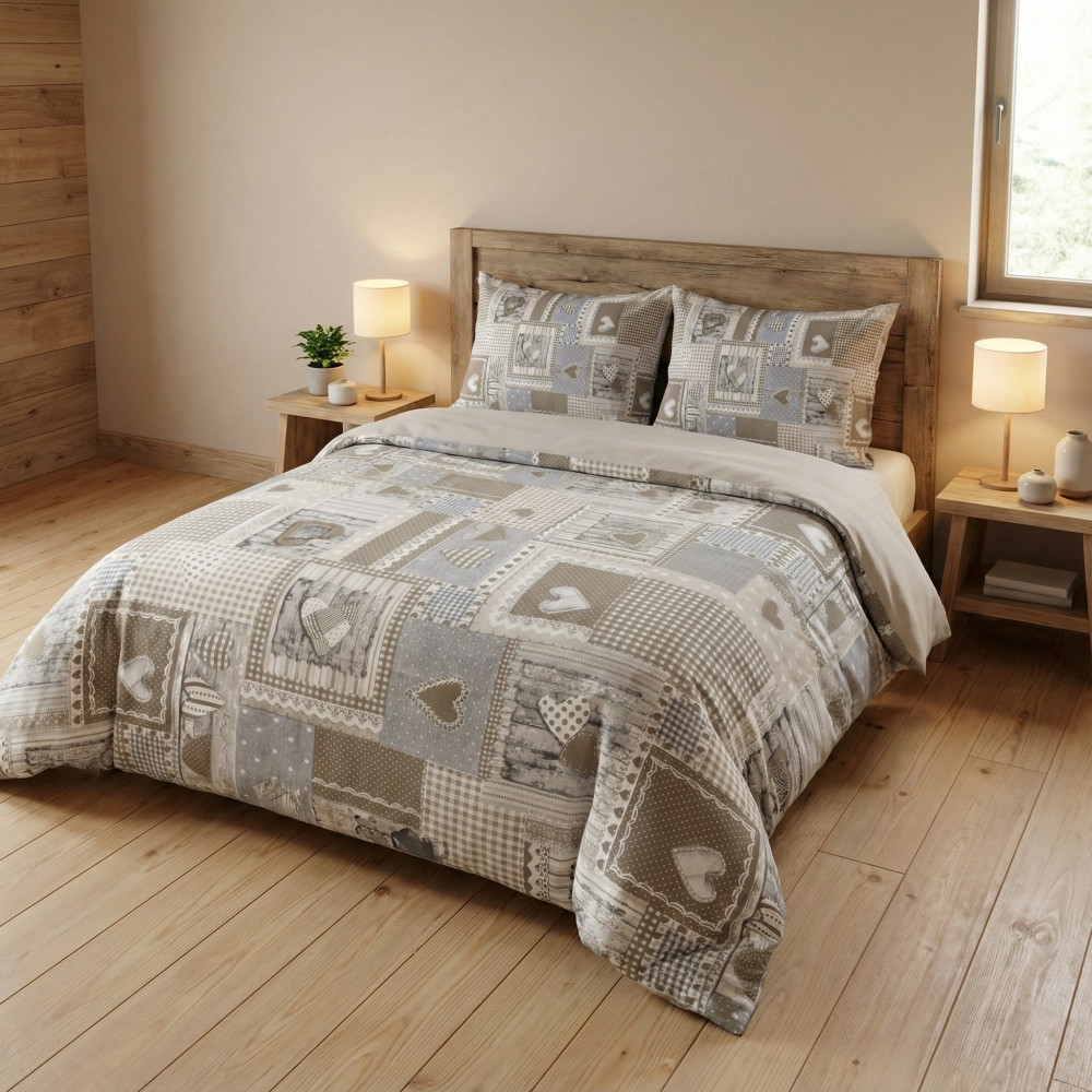 Housse de couette tyrolienne coeurs « Aprica » Beige – 100 % coton artisanal Made in Italy
