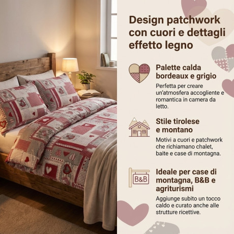 Housse de couette tyrolienne cœurs « Aprica » Bordeaux – 100 % coton fait main Made in Italy