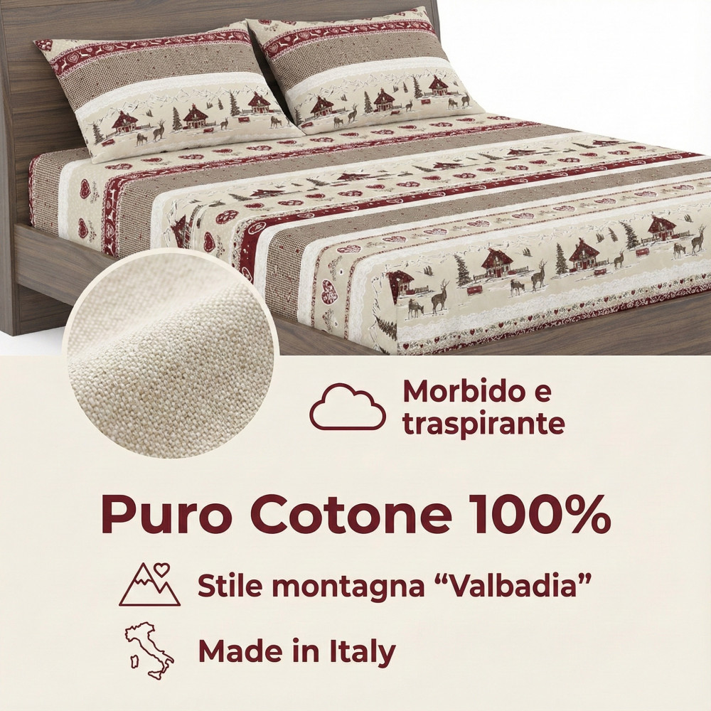 Juego de sábanas tirolesas de Valbadia - 100% algodón fabricado en Italia - ciervos y cabañas estilo montaña