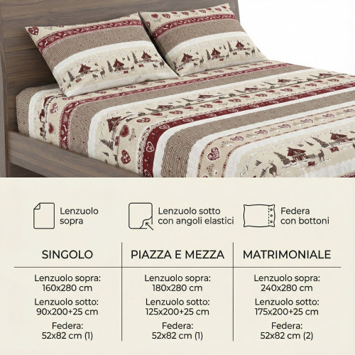 Completo Lenzuola Tirolese Valbadia - 100% Cotone Made in Italy - Stile Montagna Cervi e Baite