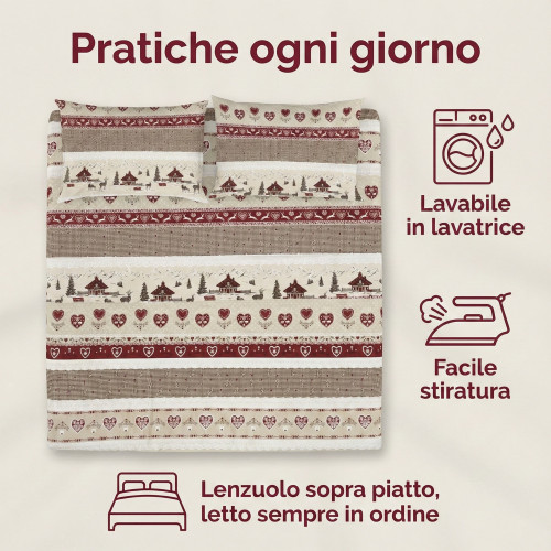 Ensemble de draps tyrolis Valbadia - 100 % coton fabriqué en Italie - Cerfs et cabanes de style montagne