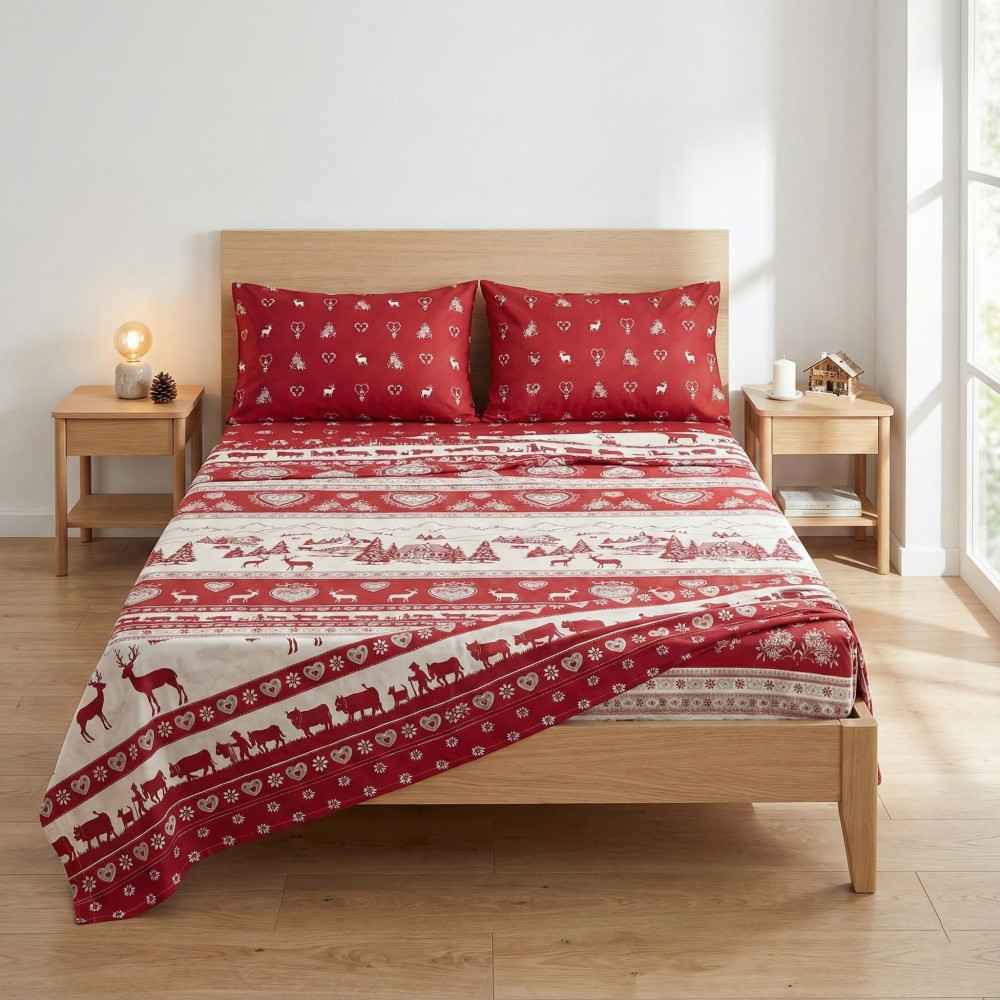 Completo Lenzuola Tirolese Rosso Chalet Valgardena - 100% Cotone Made in Italy - Cuori Cervi Baite Montagna