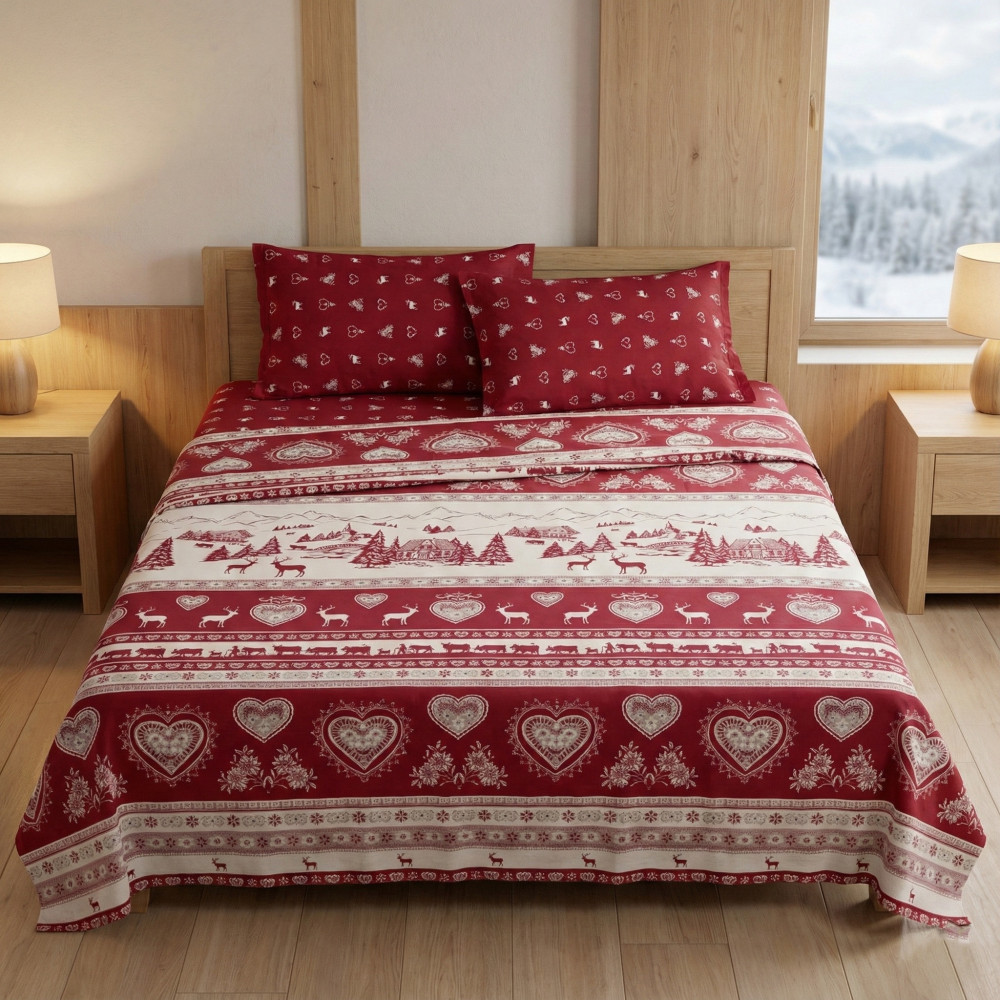Completo Lenzuola Tirolese Rosso Chalet Valgardena - 100% Cotone Made in Italy - Cuori Cervi Baite Montagna