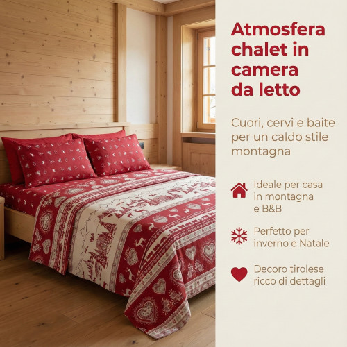 Ensemble de draps rouges du Tyrol Chalet Valgardena - 100 % coton fabriqué en Italie - Hearts Deer Mountain Shelters