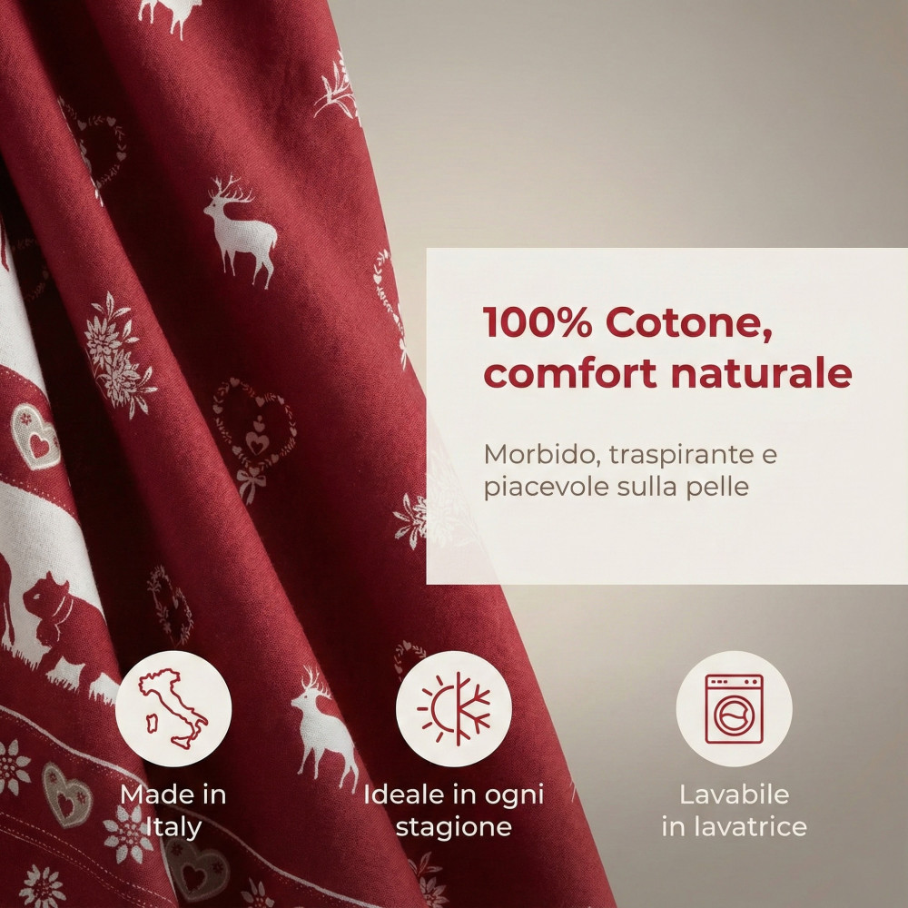 Red Tyrolean Sheets Set Chalet Valgardena - 100% Cotton Made in Italy - Hearts Deer Mountain Huts