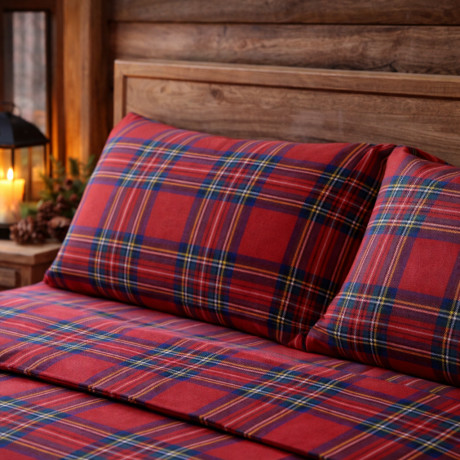 Red Tartan Scottish Sheet Set – Winterbettset 100% natürliche Baumwolle – warm, atmungsaktiv, hergestellt in Italien