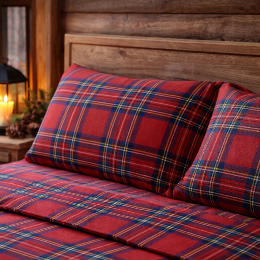 Set de draps Red Tartan Scottish - Ensemble de lit d’hiver 100 % coton naturel - chaud, respirant, fabriqué en Italie