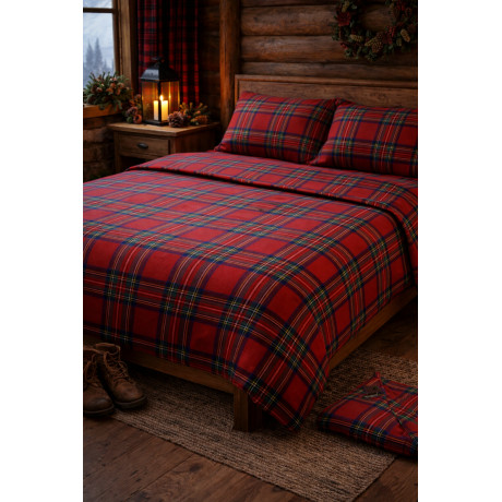 Red Tartan Scottish Sheet Set - Winter Bed Set 100% Natural Cotton - Warm, Breathable, Made in Italy