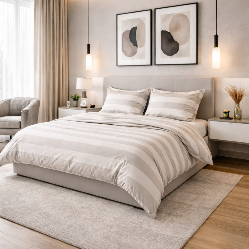 Französischer gestreifter Bettbezug Taupe Creme - 100% Baumwolle - elegant, Made in Italy, handgefertigt