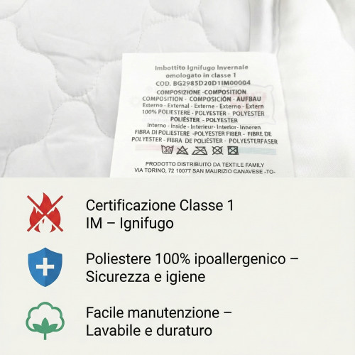 Piumino SINTETICO INVERNALE IGNIFUGO Antifiamma Made in Italy OMOLOGATO