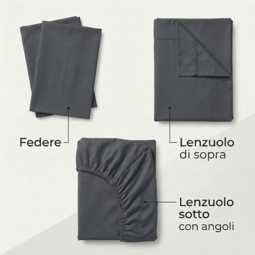 Completo Lenzuola Strong Grigio Piombo 100% Cotone, Set Letto Tinta Unita Lavabile, Morbido, Confortevole, Made in Italy