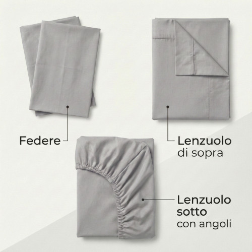 COMPLETO lenzuolo STRONG LENZUOLA tinta unita GRIGIO puro COTONE Made in Italy