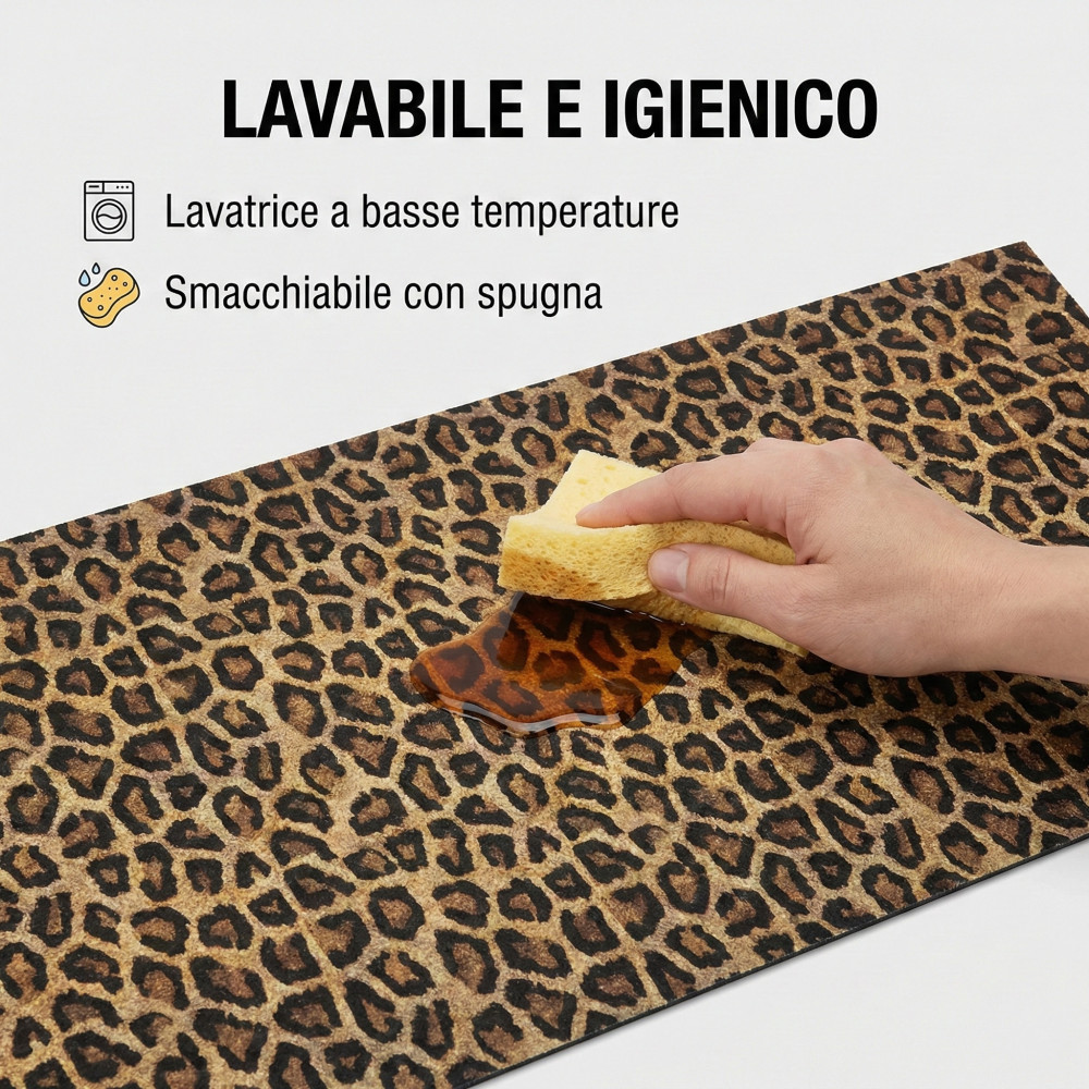 Patinador de alfombra de cocina Leopardo PVC antideslizante 50 cm - Runner cortado fabricado en Italia