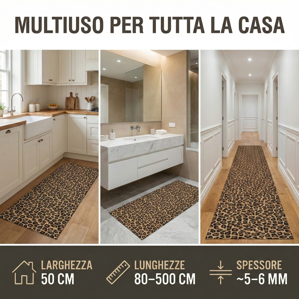 Patinador de alfombra de cocina Leopardo PVC antideslizante 50 cm - Runner cortado fabricado en Italia