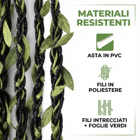 Rideau métallique avec feuilles vertes pour porte et fenêtre - tige en PVC et fils décoratifs en polyester