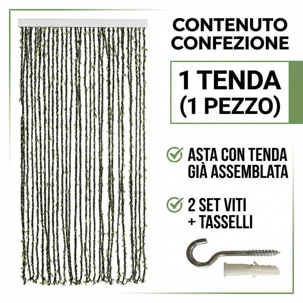 Cortina de alambre con hojas verdes para puertas y ventanas - varilla de PVC e hilos decorativos de poliéster