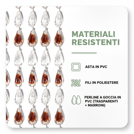 Rideau métallique avec perles transparentes et marron pour porte et fenêtre - tige PVC, filets de polyester