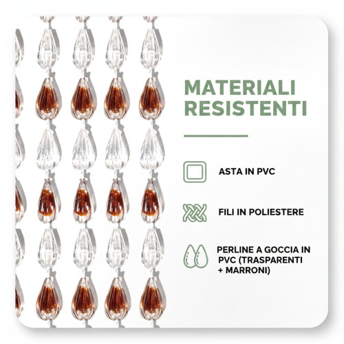 Rideau métallique avec perles transparentes et marron pour porte et fenêtre - tige PVC, filets de polyester