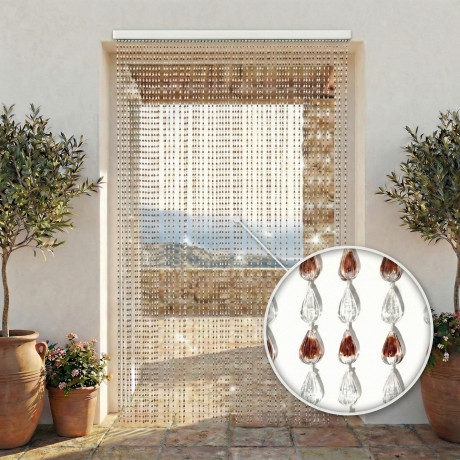 Rideau métallique avec perles transparentes et marron pour porte et fenêtre - tige PVC, filets de polyester