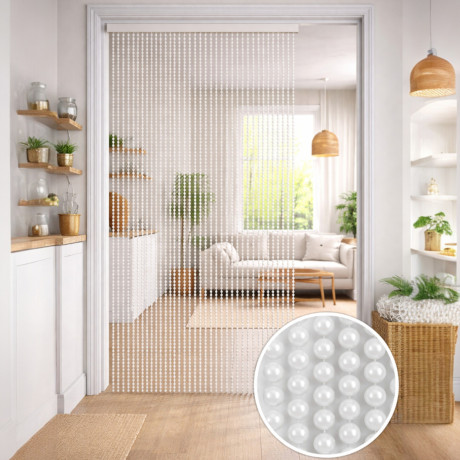 Rideau métallique avec perles blanches pour porte et fenêtre – tige en PVC et fils décoratifs en polyester