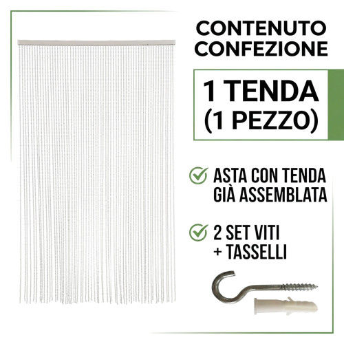 Tenda a Fili con Perline Bianche per Porta e Finestra – Asta PVC e Fili in Poliestere Decorativi