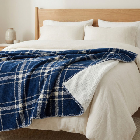Plaid Double Scottish Blanket 210x230 - Double Side Sherpa Lamb - Blue White Soft - Sofa Plaid Bedspread