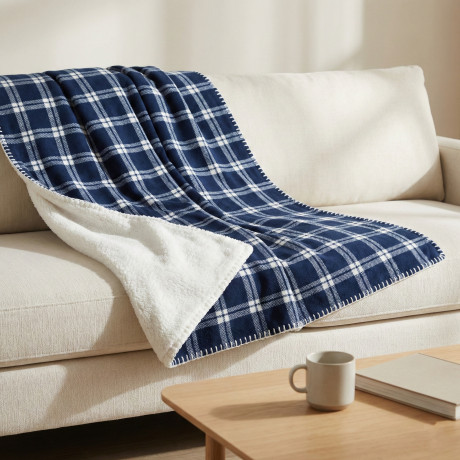 Plaid Double Scottish Blanket 210x230 - Double Side Sherpa Lamb - Blue White Soft - Sofa Plaid Bedspread