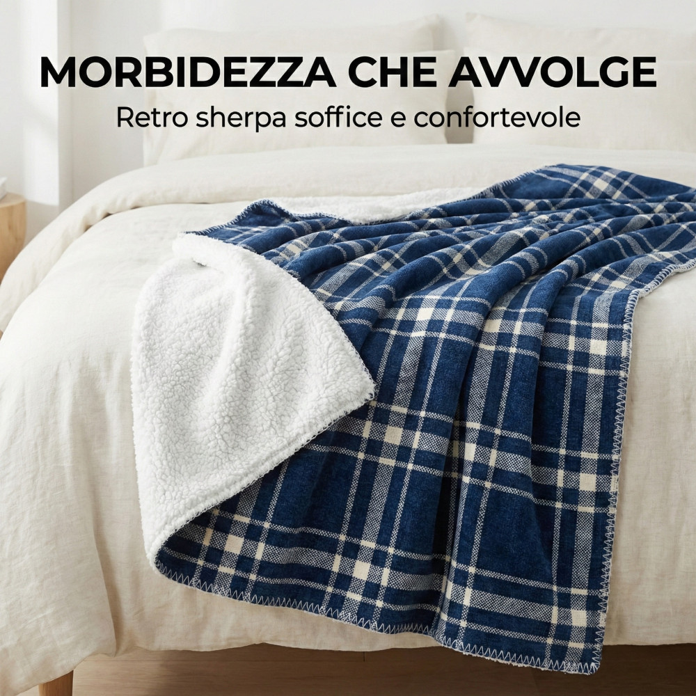 Plaid Coperta Scozzese Matrimoniale 210x230 - Doppio Lato Sherpa Agnello - Blu Bianco Morbido - Copriletto Plaid Divano