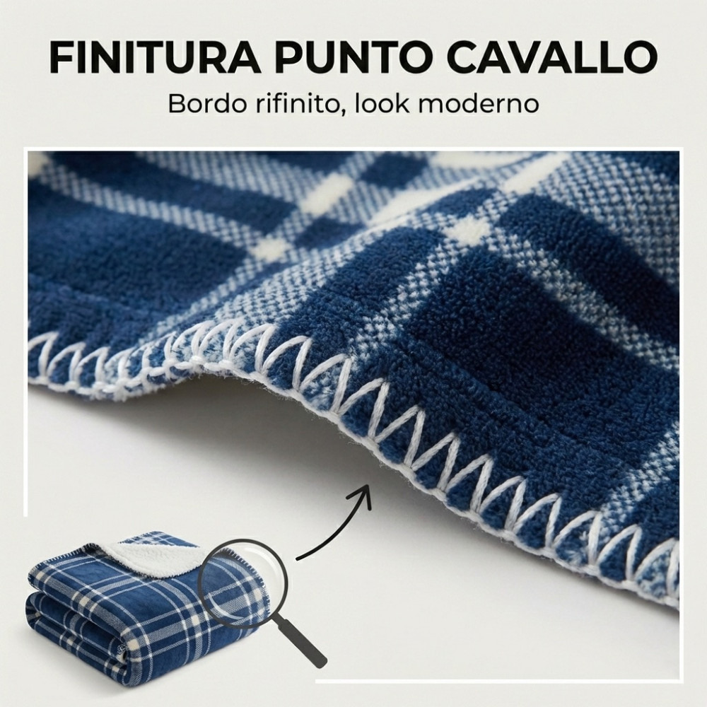 Manta Escocesa Doble de Cuadros 210x230 - Cordero Sherpa Doble Lateral - Azul Blanco Suave - Sofá Colcha de Cuadros