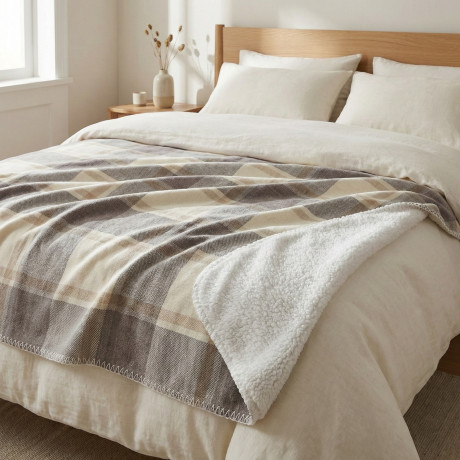 Karierte doppelte schottische Decke 210x230 – Doppelseitiges Sherpa-Lamm – Weiche Taube Grau Beige