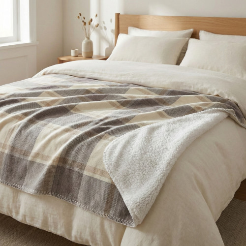 Manta Escocesa Doble de Cuadros 210x230 - Cordero Sherpa de Doble Lado - Beige Gris Paloma Suave