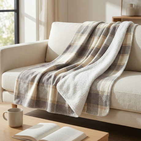 Plaid Double Scottish Blanket 210x230 - Double Side Sherpa Lamb - Soft Dove Grey Beige