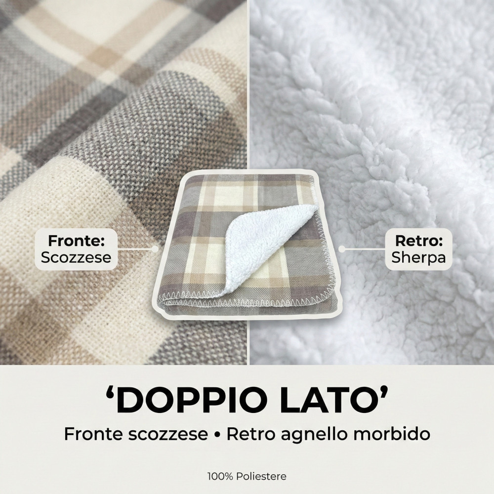 Couverture double écossaise à carreaux 210x230 - Sherpa Lamb double face - Beige gris colombe doux