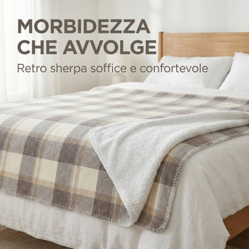 Couverture double écossaise à carreaux 210x230 - Sherpa Lamb double face - Beige gris colombe doux