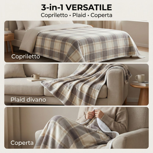 Karierte doppelte schottische Decke 210x230 – Doppelseitiges Sherpa-Lamm – Weiche Taube Grau Beige