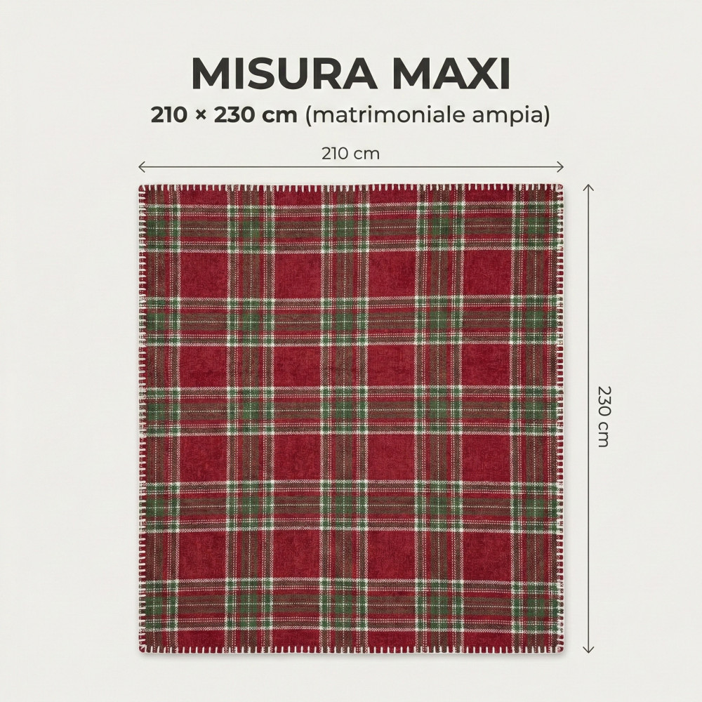 Couverture double écossaise à carreaux 210x230 - Agneau Sherpa double face - Rouge, vert doux
