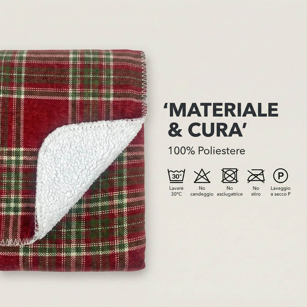Plaid Coperta Scozzese Matrimoniale 210x230 - Doppio Lato Sherpa Agnello - Rosso Verde Morbido